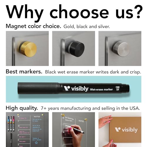 Visibly Magnetic Acrylic Weekly Planner for Fridge 9” x 12”, Clear Wet Erase Meal Planner & Notes Board, Refrigerator Organizer with 4 Magnetic Markers and Gold Corner Magnets