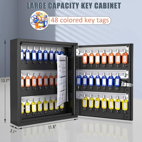 48 Key Lock Box Wall Mount, Heavy-Duty Key Cabinet with Combination Lock & Key Lock, Key Organizer for Office, Property Management, Hotel, Car Dealership-Includes 48 Key Tags, Mounting Hardware