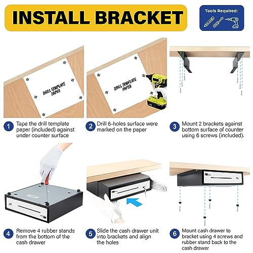 HK SYSTEMS 16" "Stainless Steel" Front Heavy Duty Black POS Cash Drawer with 5Bill/5Coin with Under Counter Mounting Metal Bracket