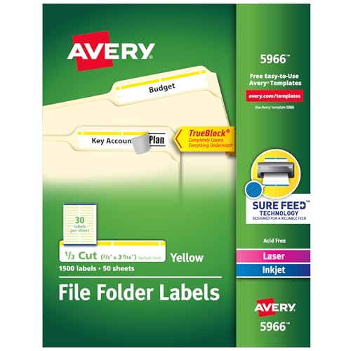 Avery® TrueBlock® File Folder Labels, 2/3" x 3-7/16", 1,500 Printable Labels, White/Yellow, Permanent (5966)