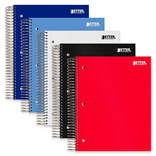 Better Office Products 5-Subject Spiral Notebook, 5 Pack, Assorted Color Poly Covers, College Rule, 200 Sheet Notebook with 4 Two-Sided Pocket Dividers, 11 x 8.5 inches