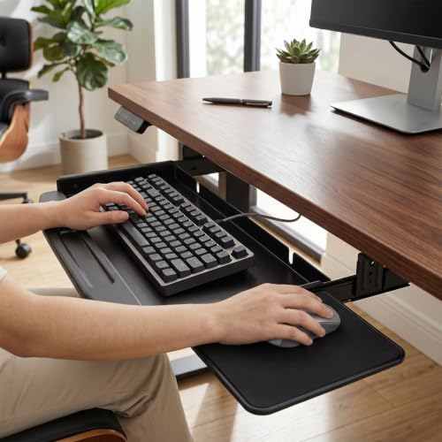 JOLENE.K Heavy-Duty 19" Under Desk Keyboard Tray – Slide-Out Steel Drawer with Smooth Ball Bearing Slides, Ergonomic Space-Saving Design for Desks 22"+ Wide – Black, with Touchpad