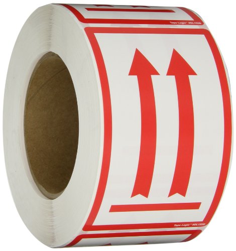 Aviditi Tape Logic 3" x 5", Two Red Arrows Over Red Bar, Red/White Warning Sticker, for Shipping, Handling, Packing, and Moving (1 Roll of 500 Labels)