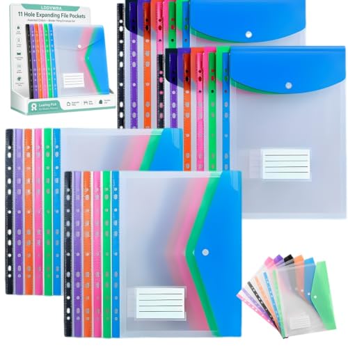 11 Hole Expanding File Pockets Assorted Colors Binder Envelopes Plastic Accordion Folders Snap Button Label Pouch 3 Ring A4 Letter Document Organizer Loose Leaf(Vertical*12+Horizontal*12)