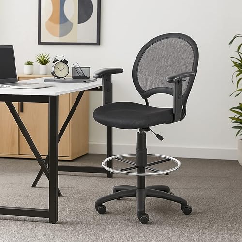 Benzara Rea Drafting Stool Chair, Adjustable Arms, Black Mesh, Chrome Footring
