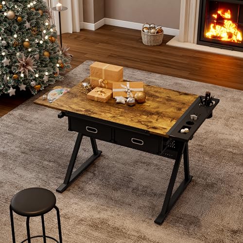 Hoursun Adjustable Drafting Drawing Table with Stool & 2 Drawers 0-75° Tilt Height Adjustable Art Desk for Home Office School(New Rustic Brown)