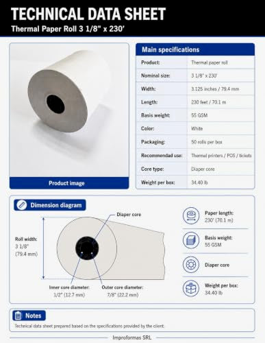 Thermal Receipt Paper (50 Rolls) 3 1/8 x 230-55 GSM Receipt Paper for POS Registers - BPA Free - US Procured