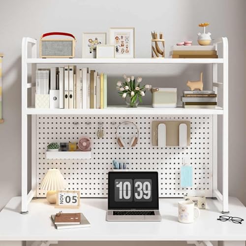 Dalumian Desktop Hutch Bookshelf, Metal Desktop Organizer Hutch with Pegboard,Countertop Storage Organizer for Office Home Dormitory (White)(3-Tier,95cm)