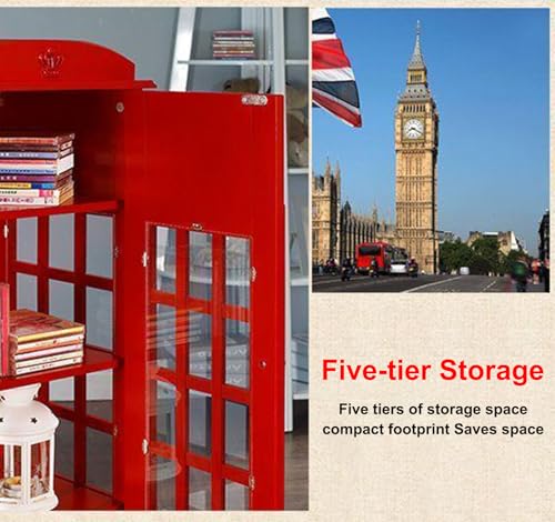 TBQATNTS Wooden Telephone Booth Bookshelf, 5-Tier Floor Standing Storage Organizer with Acrylic Doors, Unique Phone Booth Design for Home, Office, and Café Display Cabinet,White