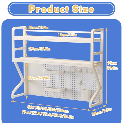 RNQZ 2 Tier Desktop Bookshelf,Metal Storage Office Desktop Organizer Shelf with Pegboard, Storage Display Rack for Office, Dormitory, Home,White,90cm