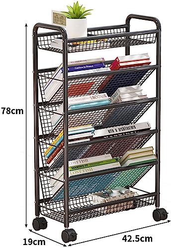 XBTGS Mobile Rolling Book Cart - Compact Black Metal Desktop cart with Wheels, Perfect for Tight Spaces. Ideal for Storing Books, Office Supplies, and Classroom Organ,Black-5 Tier