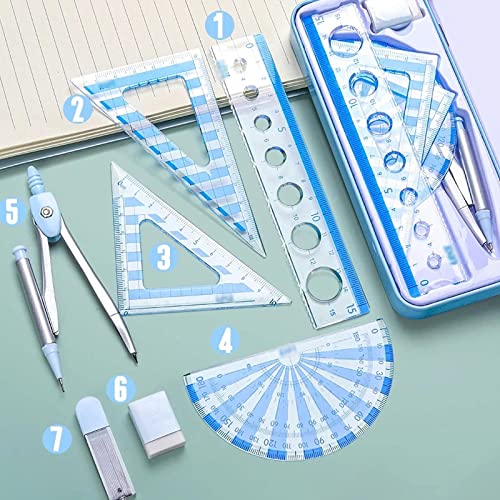 maths set protractor setRuler Set 7Piece Set Student Exam Geometry Set with Protractor Drawing Triangle Eraser Compasses Eraser Ruler for Children School Supplies Math Set Ruler Kit (Color : Blu) ( Co