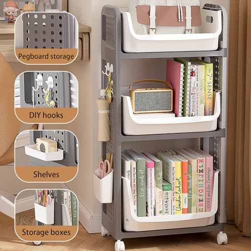 JS Ellie Movable Bookshelf, Trolley Shelf with Drawers and Wheels, Rolling Book cart, Suitable for Study, Office, Living Room, Bedroom, and Bathroom Gray 2-Tier
