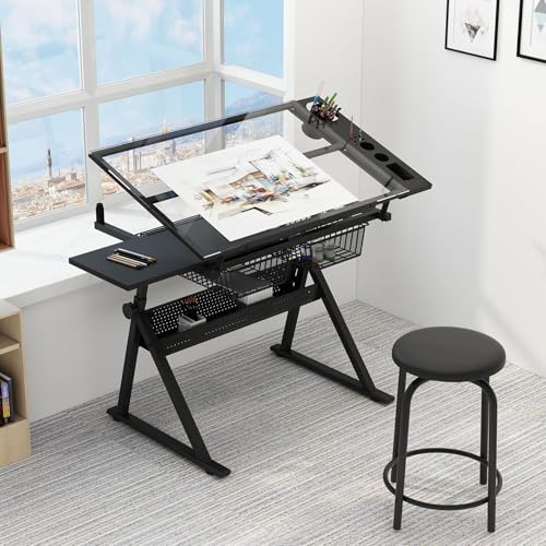 LALFPET Adjustable Height Glass Top Drawing Table - Tiltable Desktop - Storage Drawers - Extra Side Desktop and Stool - Folding Artist Craft Desk for Adults - Black