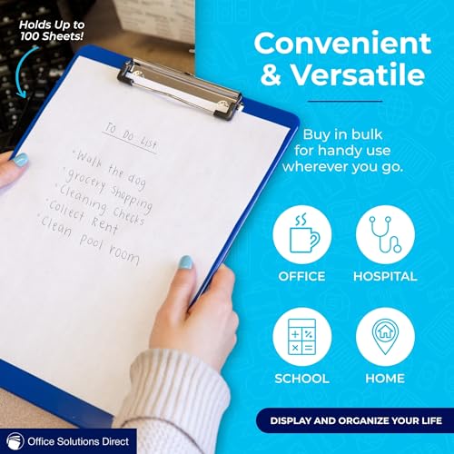 Blue Plastic Clipboard with Low Profile Clip (Pack of 12) - Letter Size Clip Board Blue with Flat Clip, A4 Size Acrylic Clipboard for Boys and Girls | Cute Aesthetic College & Back to School Supplies