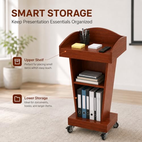 Wooden Pulpit Lectern Podium with Wheels and Storage for Church Classroom