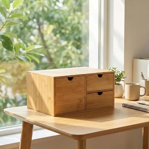 Natural Bamboo Desktop Organizer with 3 Drawers, Minimalist Desk Storage Box, Eco-Friendly Office Supplies Organizer for Home Office, Bedroom Vanity, Light Wood Color