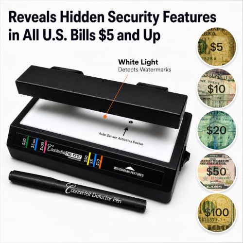 Dri Mark Tri Test - Counterfeit Bill Detector Machine w/AC Adapter - 3 Tests in 1 - Paper, Security Strip and Watermark Tests, Accurate Money Tester Machine with Counterfeit Detection Pen