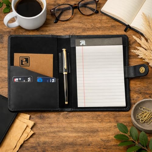 PavinCrafter Leather Junior Padfolio 5 X 8 in with Pen Loop, Black