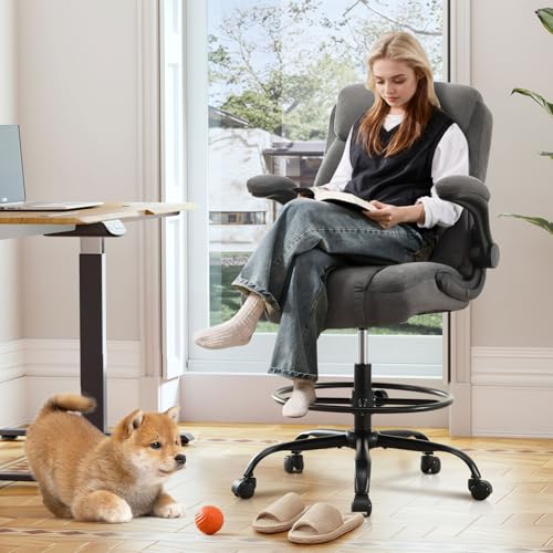 Drafting Chair Tall Office Chair for Standing Desk, Ergonomic Tall Desk Chair with Adjustable Foot Ring, Flip-Up Armrests, Lumbar Support, Comfortable Fabric Seat – Ideal for Home and Office Use