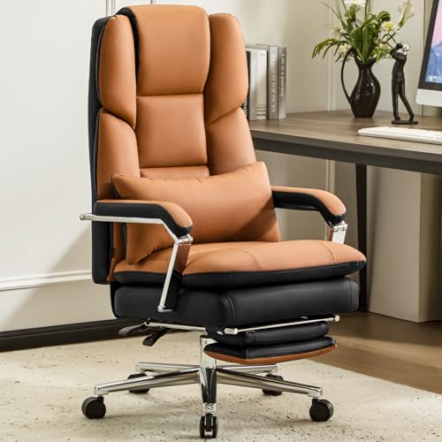 Furniliving Big and Tall Office Chair 500lbs,High Back Executive Leather Office Chair with Footrest,Wide Seat Reclining Desk Chair with Lumbar Support, Armrest, Brown