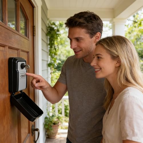 Upgraded Wall Mount Safe Box with 4 Digit Combination and Backup for Secure Weatherproof Storage of Keys and Valuables Weather Storage