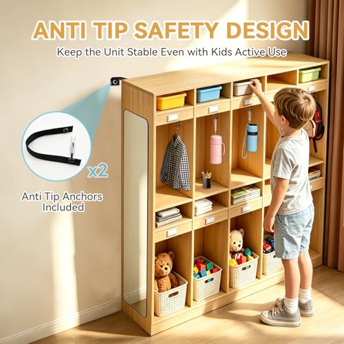 20-Section Classroom Coat Locker with 10 Cubbies, Mirror, 10 Hooks