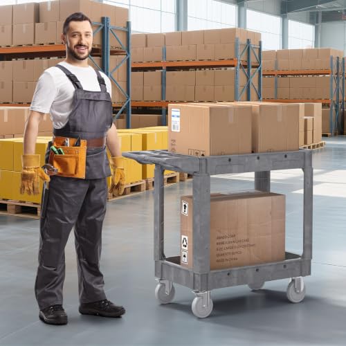 2 Tier Plastic Rolling Cart Utility Cart on Wheels, Heavy Duty Tool Carts with Ergonomic Storage Handle and Deep Shelfs, Work Carts Service Cart for Garage, Warehouse, Workshop, Office, Cleaning