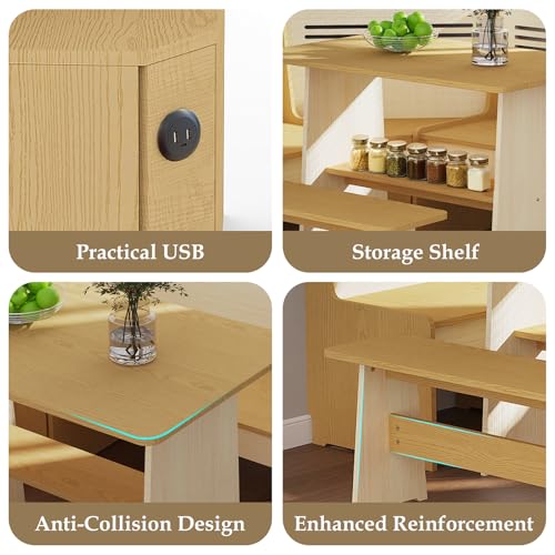 KYLE & KAY Breakfast Nook, Kitchen Nook Corner Table Set with USB, Bench and Storage Shelf, Dining Room Table and Chairs for 4-6, Solid Wood (Natural and White)