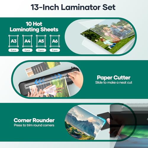 Laminator Machine - 13 Inch A3 Thermal Lamination machine Kit with 50 Laminating Sheets for A3/A4/A6, Paper Trimmer and Corner Rounder, 11X17 Laminator for Office Home School Use, High Speed Never Jam