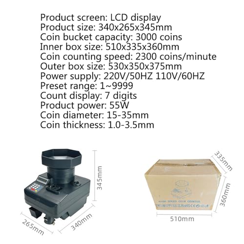 JYXYXSCP 55W Coin Counter Sorter Machine,2300pcs/min Automatic Coin Sorting Machine w/3000pcs Large Capacity,15mm~35mm,LCD Display Coin Dispenser