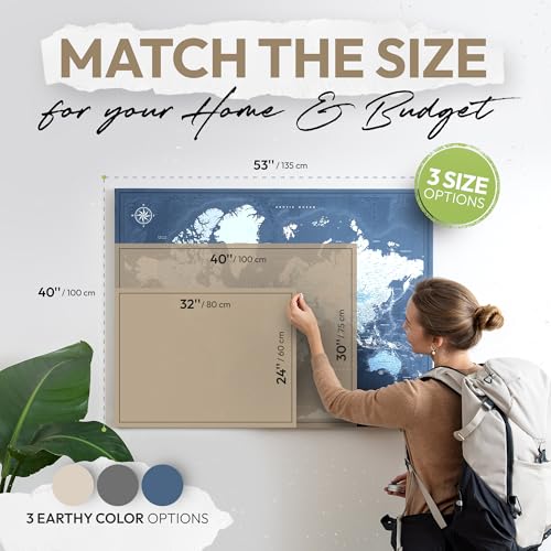 World Map Poster with Pins for Travel Tracking | Satin-Coated Push Pin Travel Map Poster for travel tracking (53 x 40)