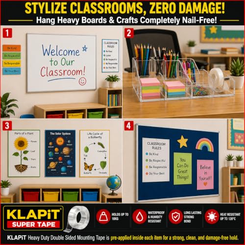 KLAPiT Tough Super Heavy Duty Double Sided Tape (16.40FT/5M) – Waterproof Removable Mounting Tape | 450lb Hold Weatherproof Nano Tape for Home Decor, Kitchen, Classroom Must Haves & Office (Pack of 2)