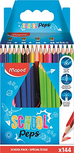 Maped - Color'Peps Coloured Pencils - Ergonomic Triangular Pencil in Bright Colours - Complies with Toy Regulations - School Set of 144 Wooden Pencils - 4 Pots