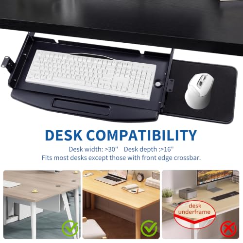 JOLENE.K Heavy-Duty 19" Under Desk Keyboard Tray – Slide-Out Steel Drawer with Smooth Ball Bearing Slides, Ergonomic Space-Saving Design for Desks 22"+ Wide – Black, with Touchpad