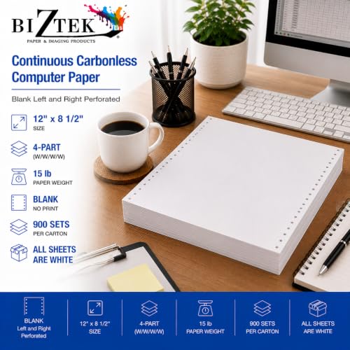 BIZTEK Continuous Carbonless Computer Paper 12 x 8 1/2, Blank Left and Right Perforated, 15 lb, 4-Part, W/W/W/W, All Sheets are White - - 900 sets
