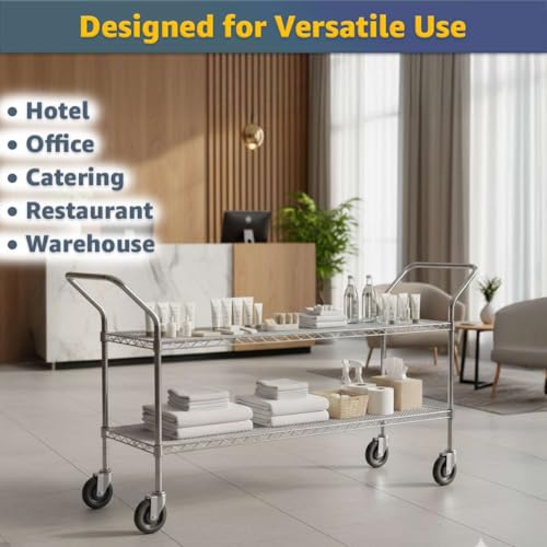 18" x 70" x 36" 2-Shelf Chrome Heavy-Duty Wire Utility Cart - Commercial Metal Rolling Serving Cart for Restaurant, Garage, Warehouse, Kitchen, Office, NSF