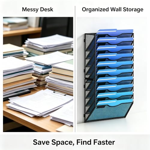 Delifox 10-Tier Wall File Organizer, Hanging Wall Files Holder for Papers, Folders, Clipboard, Wall Organizer Magazine Rack for Office Home School Classroom