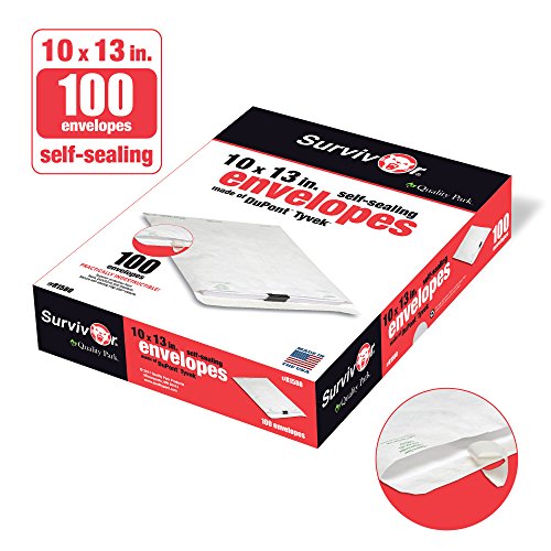 Quality Park Tyvek Envelopes, 100 Pack, Large 10 x 13 Mailers, Easy-to-Open Tamper Evident Pull Strip, Rip, Puncture & Water Resistant Self Sealing Mailing Envelopes for Lightweight Shipping, White