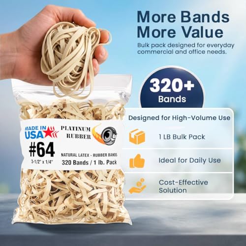 Platinum Rubber Bands Size 64, USA Office Supplies, Heavy Duty Elastic Bands, 3 1/2 x 1/4 Inch, 320 Bands per 1 lb Pound, 3 Pack or 25 Pack Bulk, Natural Tan Color, Large Rubberbands Made in America (3-PACK)