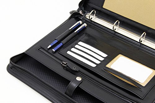 Noda Italian Genuine Leather Zipped Business Conference A4 Folder Ring Binder (Black)
