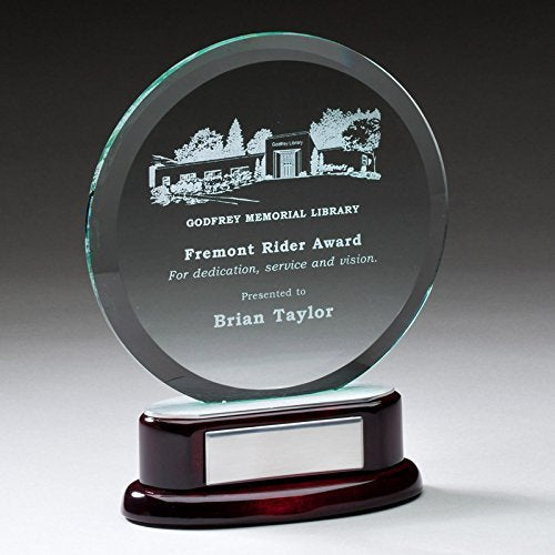 SHOP AWARDS AND GIFTS Customizable 8-1/4 Inch Round Beveled Glass Award on Rosewood Piano Finish Base, Includes Personalization