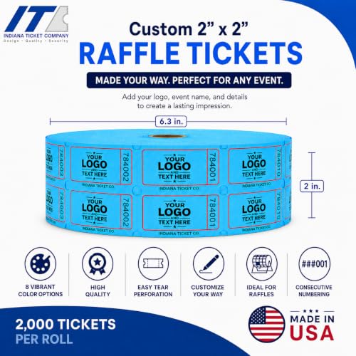 Custom Printed Raffle Tickets, 2x2 Double Roll, 2,000 Tickets, Made in USA