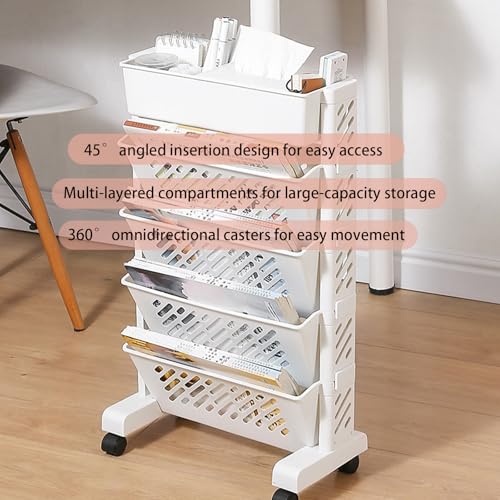 JS Ellie Movable White Bookshelf, Narrow Book cart with Wheels and Storage Baskets, Suitable for Studies, bedrooms, Living Rooms, and Offices 5-Tier