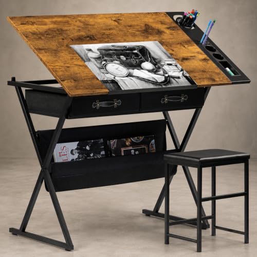 EZ-U Adjustable Drafting Table with Stool 40.2 Inch Art Desk with 0-65° Tilting Tabletop 2 Drawers Storage Shelf and Pencil Tray Drawing Craft Desk for Artists, Rustic Brown
