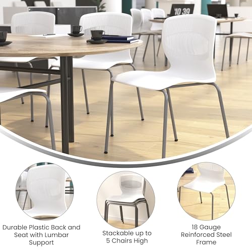 Flash Furniture Hercules Series Set of 5 Commercial Stack Chair - Roomy Wide 770 lb. Capacity - Lumbar Support - Durable Plastic - Silver Steel Frame - White
