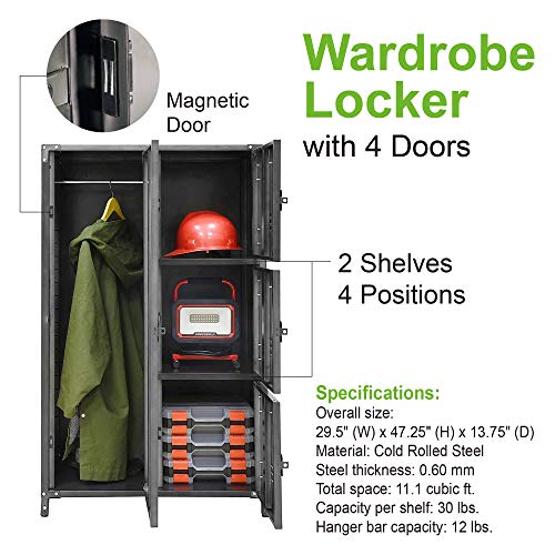 Allspace 4 Door Steel Storage Wardrobe Locker with Dark Weathered Finish, Vintage, Industrial, for Clothing, Home, Office, School, Dorm, Teen, Shop, Vented, Lockable, Durable Powdercoat - 240038T