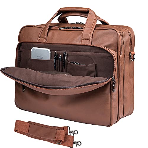 Seyfocnia Men's 17.3 Inches Laptop Bag, Brown Faux Leather Briefcase