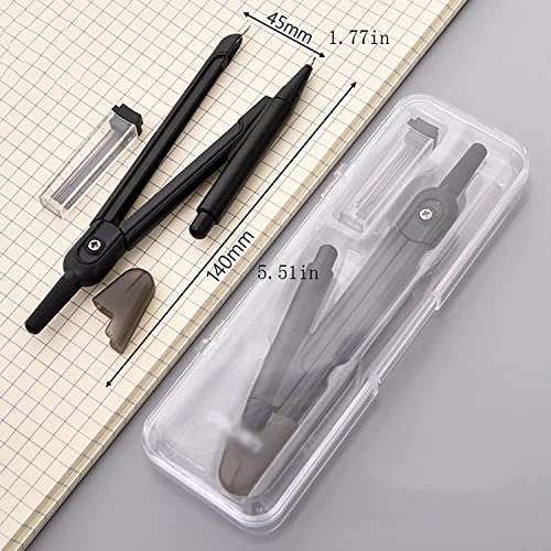 DUHTFCY Compass Set 2 Pcs Compass Set Geometry Kit for Math Geometry with Shatterproof Storage Box and Lead Refills Black Geometry Set (One Piece)
