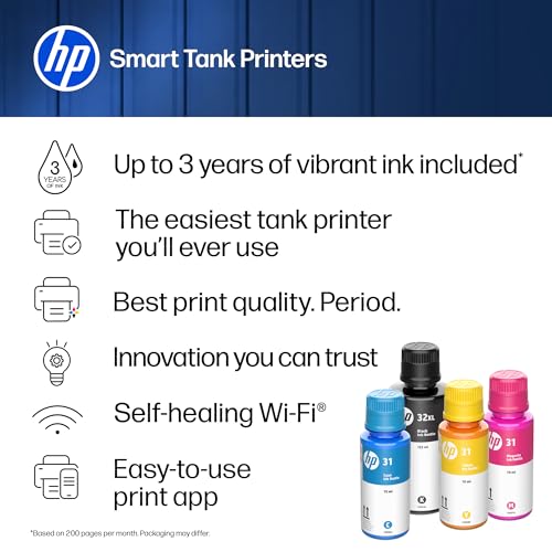 HP Smart Tank 6003 Wireless All-in-One Ink Tank Printer, Scanner, Copier with up to 3 Years of Ink Included, Best-for-Home, Cartridge-Free Refillable, AI-Capable (D35XXA)
